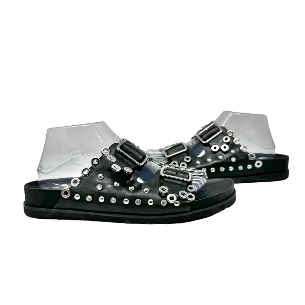 Ash New Universe Rhinestone Studded Leather Slip On Slides Sandals Black Size 40 - Picture 2 of 10